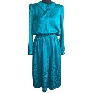Vintage 80s Silk Midi Dress S/6 Long Sleeve Collared Green Retro Fairy Grunge